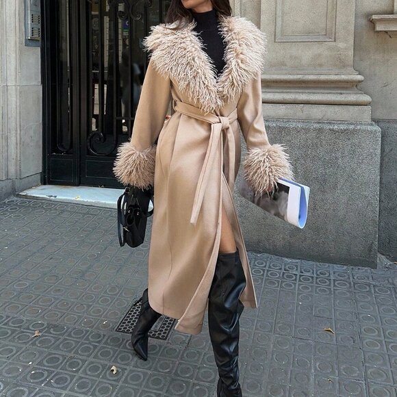 Khaki Bohemian Women's Long Coat with Faux Fur Trim - Picture 6 of 8